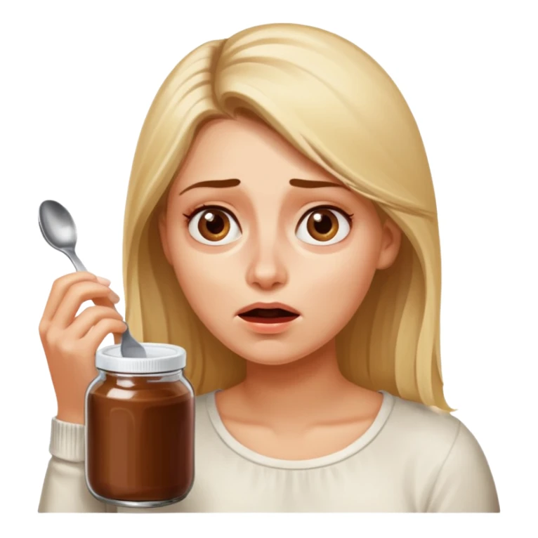 Nutella with a spoon. The glas of Nutella is almost empty . Only the one carriage of Nutella. Next to the Nutella is the head of a blond woman who is desperate to eat the Nutella  sticker