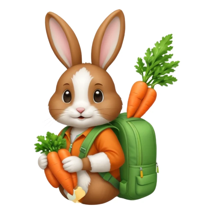 A brown & white, bunny with a green backpack, holding a carrot sticker