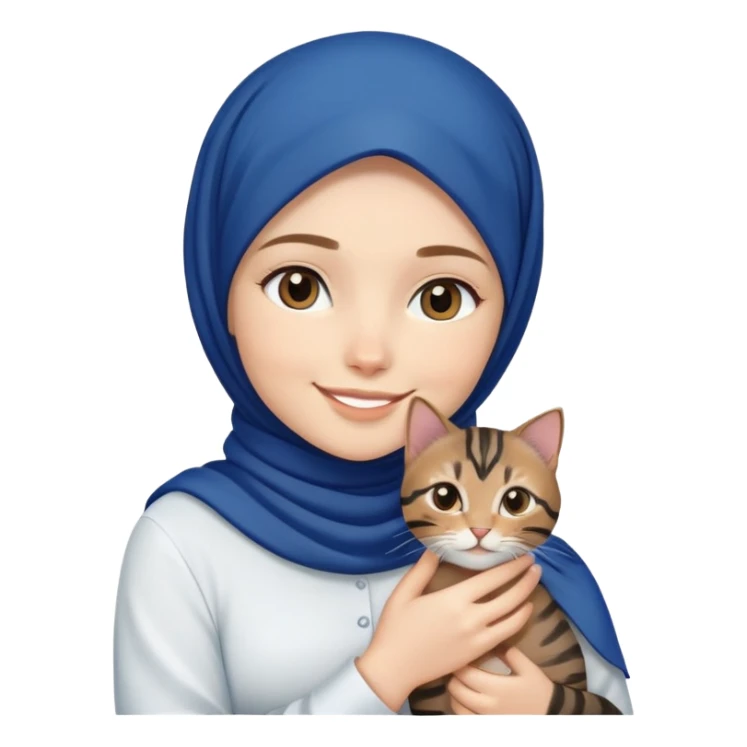 White girl wearing dark blue hijab with white shirt smiling while holding a black browntabby cat sticker