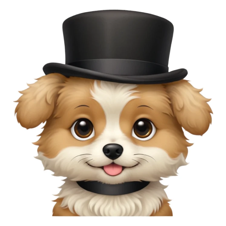 cute small dog with plain light tan fur, black nose, black round eyes, curly fluffy medium length hair, wearing a top hat sticker