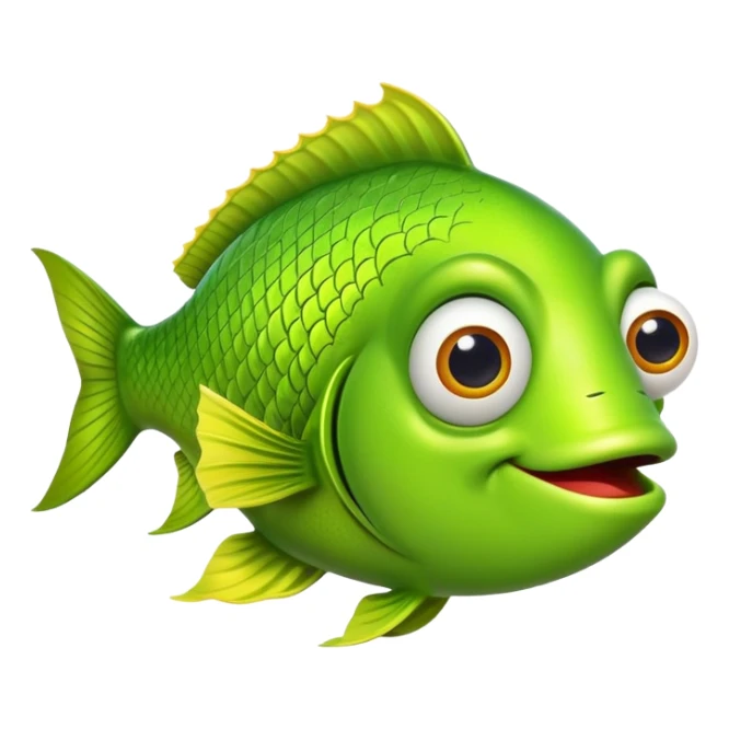 extremely goofy bright lime green fish with huge bulging eye and dopey smile, looking incredibly stupid and friendly, perfect flat side profile facing right, exactly 90 degrees, one eye visible sticker