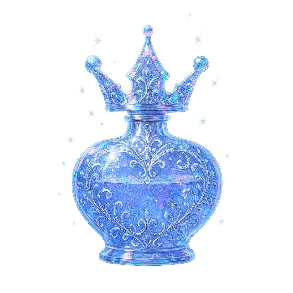modernus prabangus eliksyro buteliukas, aiškiai karūnos forma (ne gertuvė), spalva #7986cb, išraiškingi holografiniai ir sidabriniai filigranai, kristalo švytėjimas, žėrintys magiški efektai, šviesos lūžiai, labai mažas kaklelis, ornamentuota, gražiai užapvalinta, vientisa ir uždara apačia, skaidrus fonas, be šešėlio, aiškiai plūduriuoja ore, nestovi, kolekcijos stilius, maksimaliai gražus, elegantiškas karūnos siluetas sticker