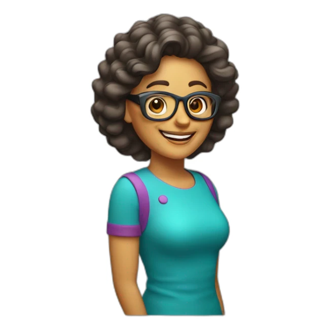 Mujer 50 años sonriente, con pelo ondulado y lentes sticker