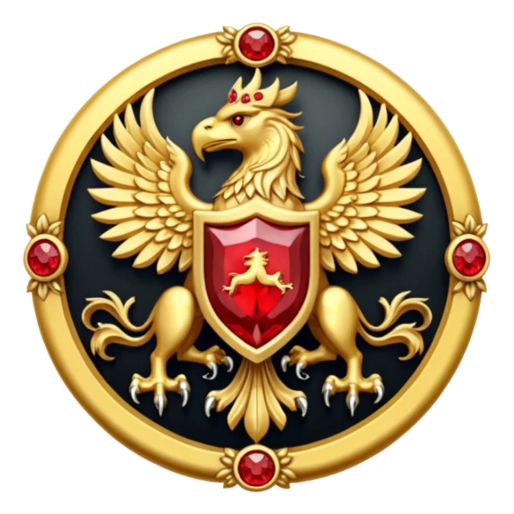 Golden griffin crest / brosch in a circle with red gems and no background sticker