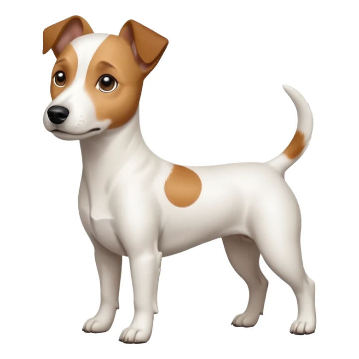 a full body white jack russel looking dog the size of a kelpie with light brown ears and a light brown patch on one eye, flopped down ears and a large snout sticker