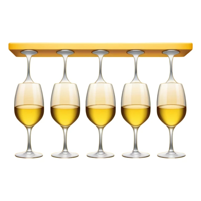 A row of hanging wine glasses upside-down under a yellow light shelf
 sticker