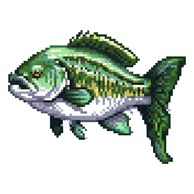 largemouth bass, pixel art, side view, green and white, retro video game style sticker