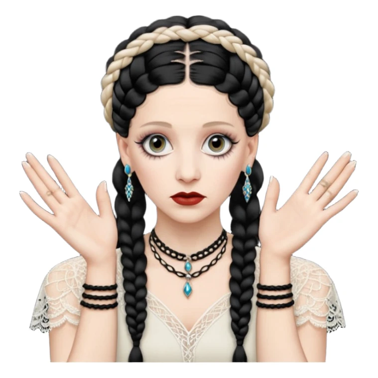 Lene Lovich as seen on the Stateless album cover with a typical symmetrical pose with her hands, lots of lace and braided hair sticker