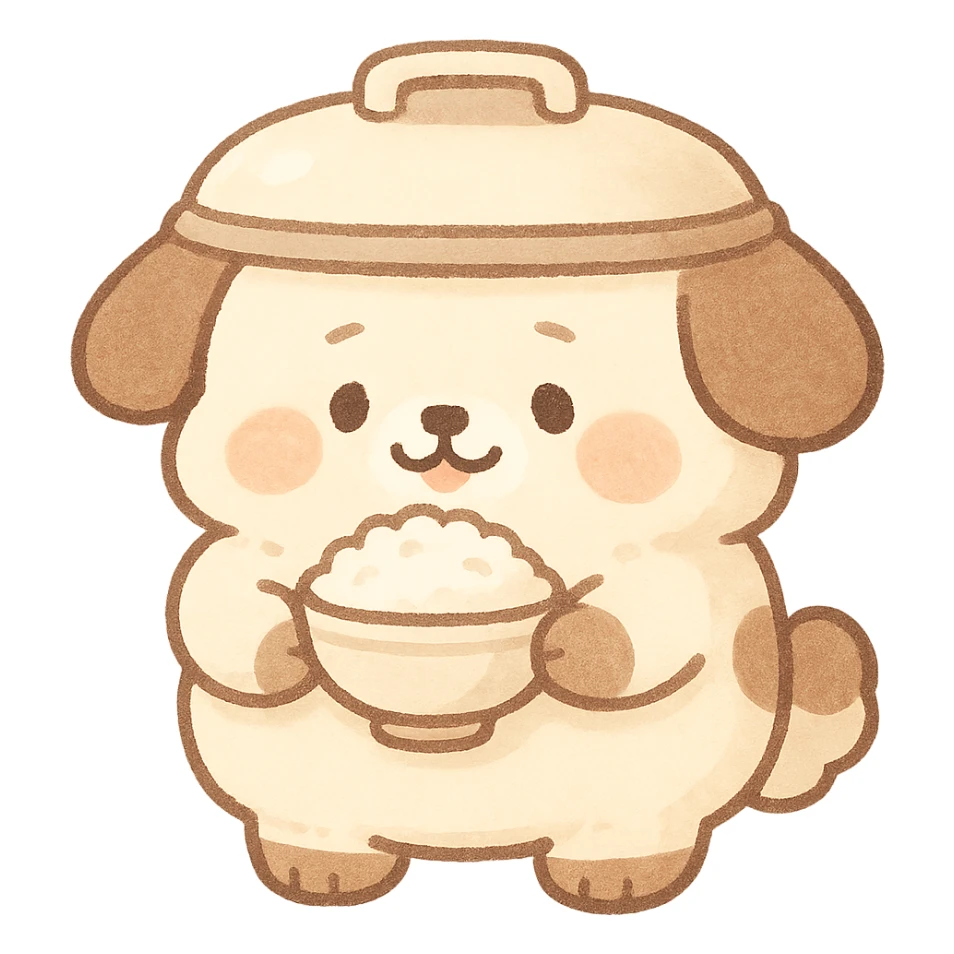 chibi style soft fluffy rice cooker dog, round belly, holding a rice bowl, soft cream and brown colors, full-body sticker