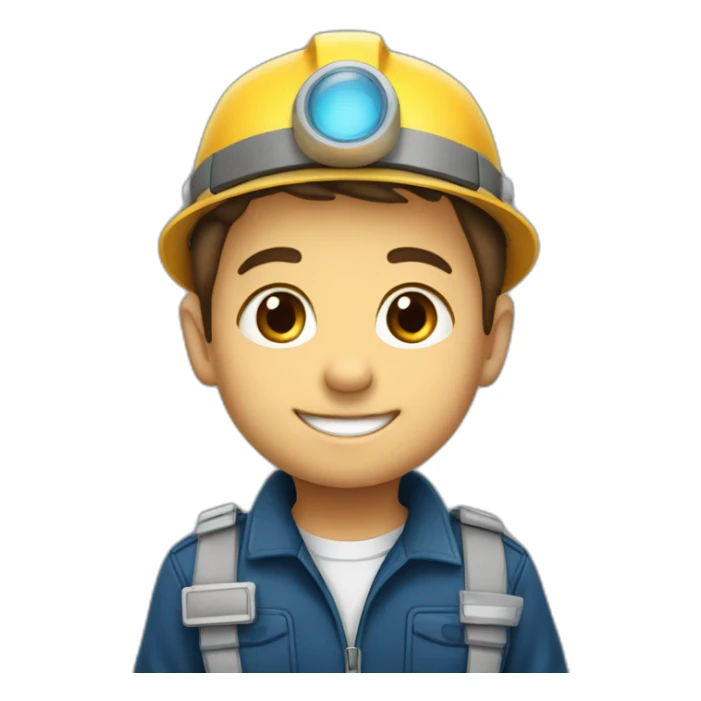A little kid with engineer uniform. Logo “FE” as logo on his hat, smiling sticker