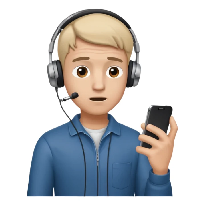 confused guy headphones on and with phone in hand turned to left quaterly sticker