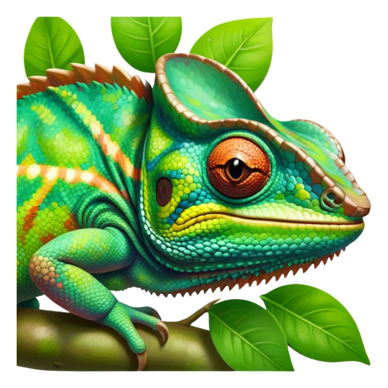 giant-chameleon-realistic emoji,-blending-with-vibrant-greenery.-detailed-scales-in-shifting-colors,-showing-the-chameleon’s-ability-to-camouflage.-soft-natural-light-highlights-its-texture.-nature-background, zoomed into its face sticker