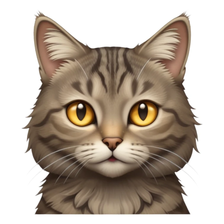 cinematic-[grey brown tabby cat]-realistic-emoji,-head-tilted-dramatically,-scruffy-[grey]-fur,-simplified-yet-realistic-focused-features,-highly-detailed,-glowing-with-an-almost-sarcastic-glow sticker