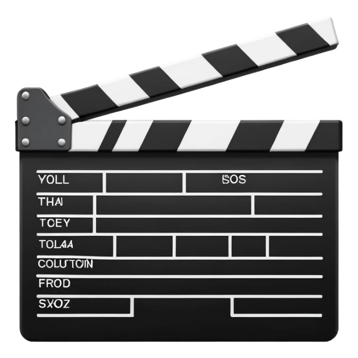 Simple black and white clapperboard with minimal stripes at the top, slightly open position, iOS emoji style sticker