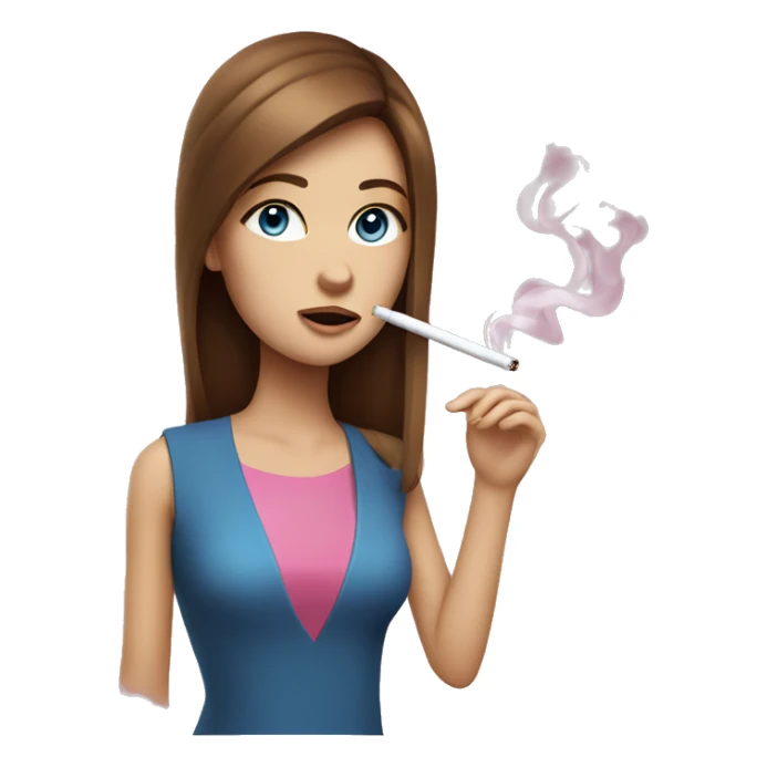 A girl with brown straight hair and blue eyes, smoking pink cigarette sticker