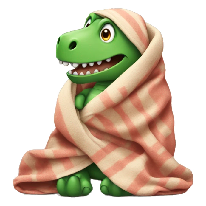 A dinosaur sitting wrapped in a blanket sticker