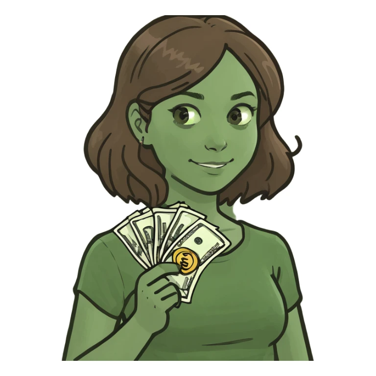 girl with brown hair holding money sticker