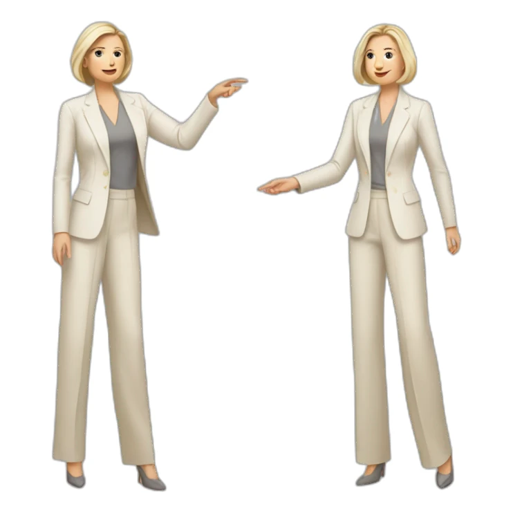 Full height Actively gesturing with hands pale skin woman with ash blonde Straightened bob Hair, White Spacious classical jacket, beige palazzo Arrow pants and gray blouse sticker