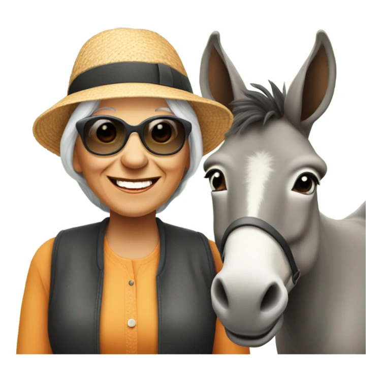 smiling younger grandma with hat and sunglasses outdoors with a donkey sticker