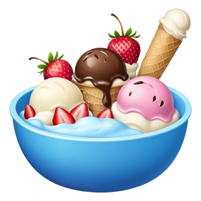 Blue bowl with 3 scoops of ice cream in it: white, brown, and pink sticker
