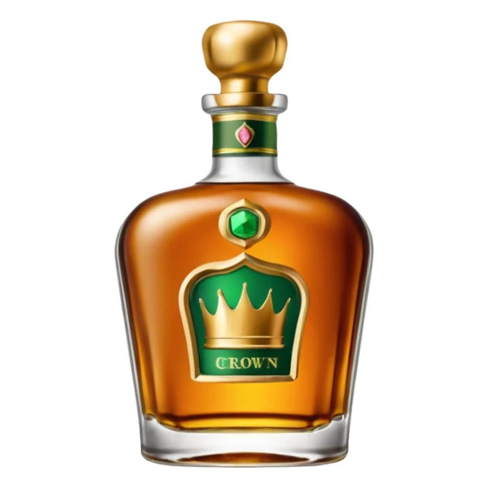 green label Crown Whiskey bottle, detailed, with a gold cap sticker