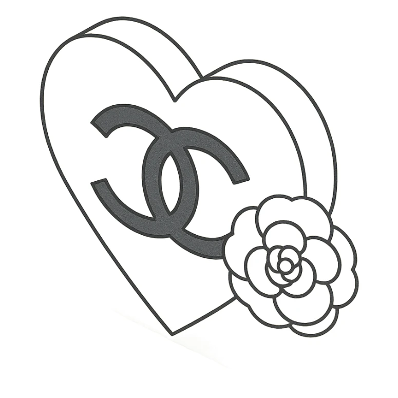 Chanel heart in 2D isometric style, elegant, black and white, with a camellia flower sticker