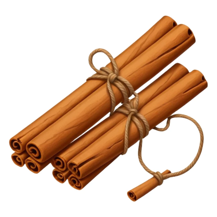 A simple, minimalist flat vector icon of two cinnamon sticks tied with a small string. Clean lines, soft brown tones, white background, high contrast, center framing. No shadows, no text, professional graphic design style. sticker