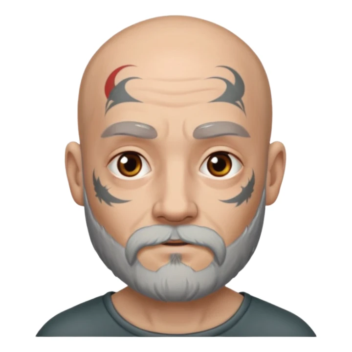 bald grey bearded man with face tattoo sticker