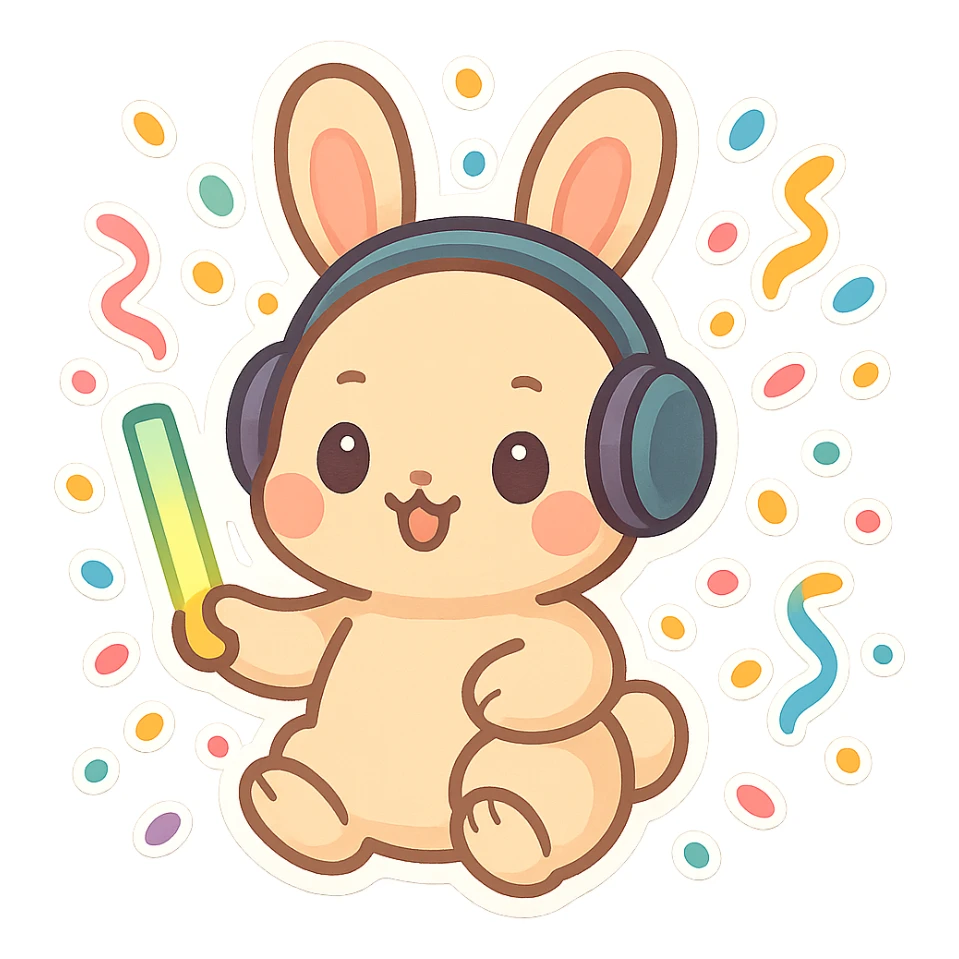 cute rave bunny wearing headphones, holding a glow wand, surrounded by confetti, festive mood sticker