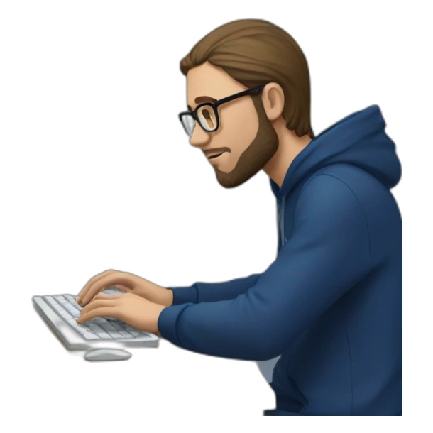 Brown hair white man with a beard and round glasses typing on apple computer wearing a dark blue nike hoodie sticker