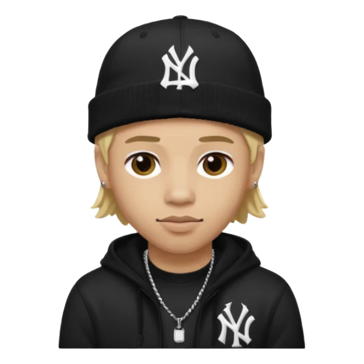 rapper da trắng, tóc vàng, full đen, có mũ len hãng MLB, đẹp trai
 sticker