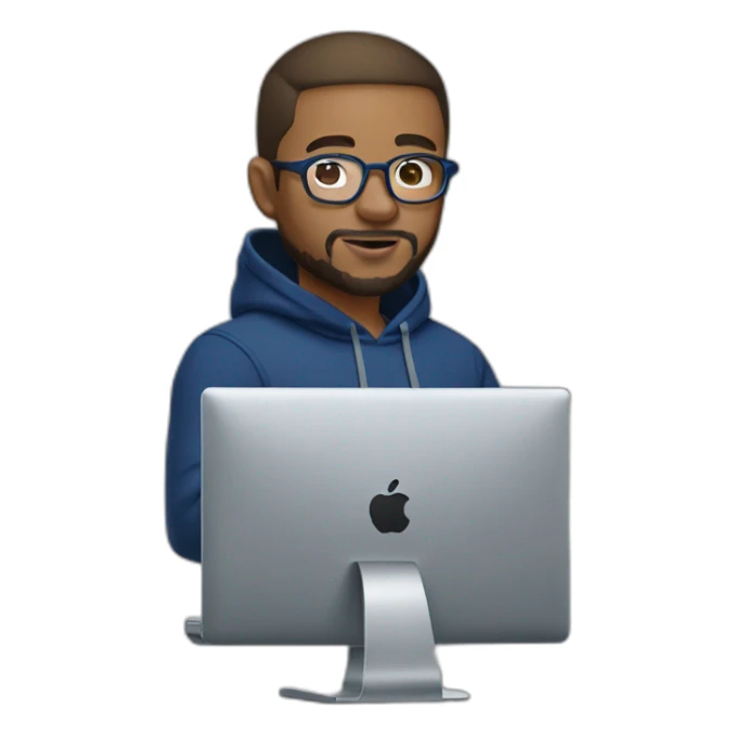 Brown short hair white man with a beard and round glasses typing on apple computer wearing a dark blue nike hoodie sticker