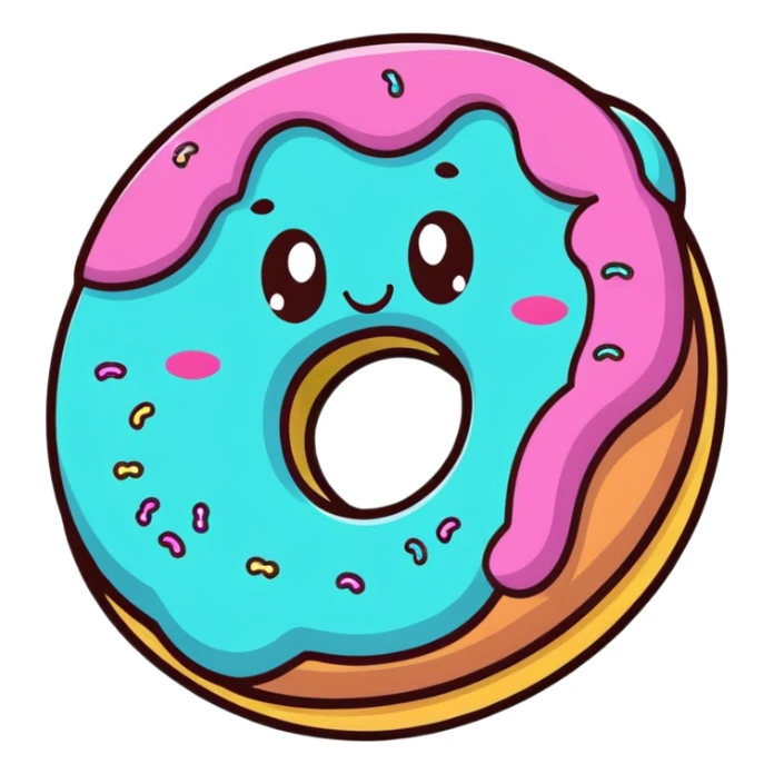 kawaii donut with rainbow sprinkles and happy face, floating in a dreamy cloud background sticker