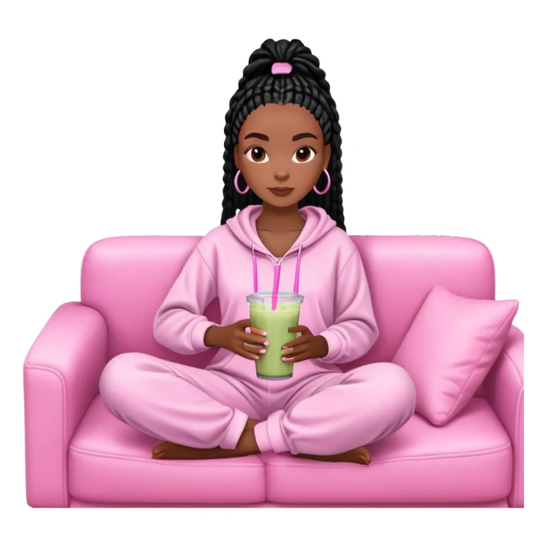 A dark-brown-skinned Black woman with black box braids, sitting on a pink couch, holding a smoothie cup with a straw, and looking relaxed. She’s wearing comfy loungewear in a cozy setting. sticker