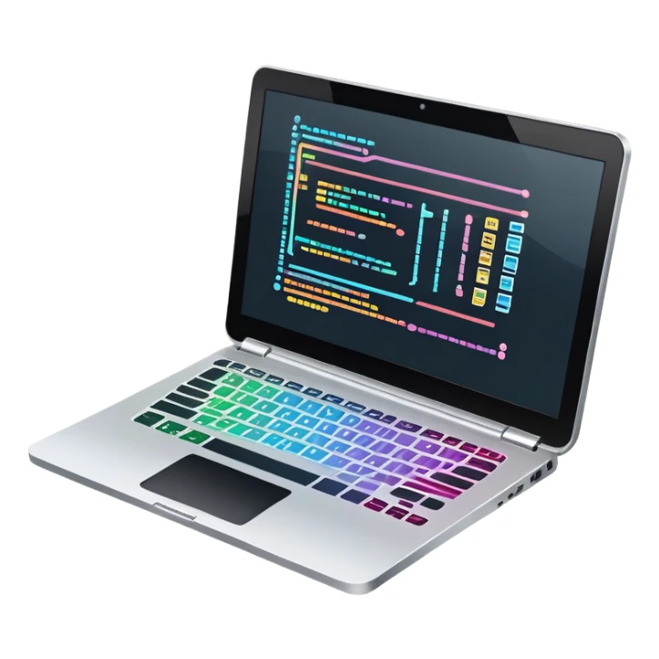 An icon featuring a laptop screen with colorful lines of code, brackets, and a blinking cursor, symbolizing programming. The design includes flowcharts, gear icons, and binary code, representing software development and logical problem-solving. Transparent background highlights the world of coding. sticker