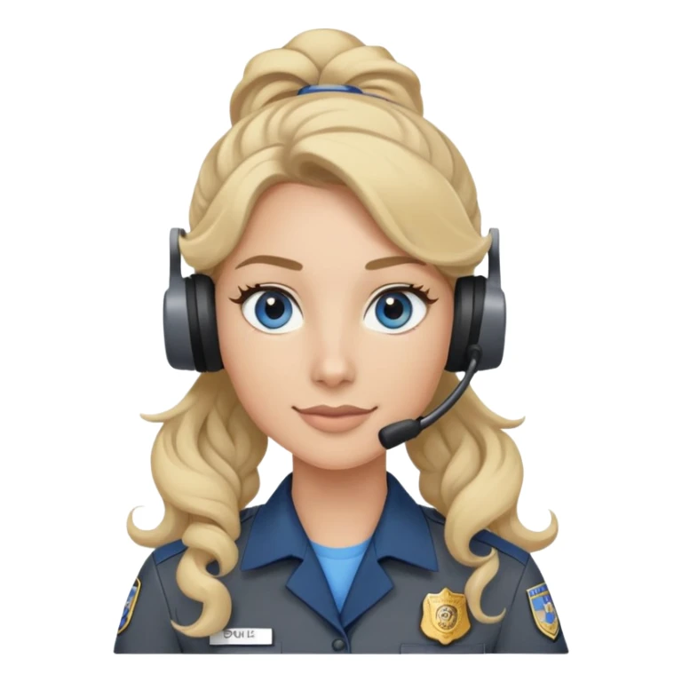 911 dispatcher wearing dark gray uniform with long blonde curly ponytail and blue/gray eyes sticker