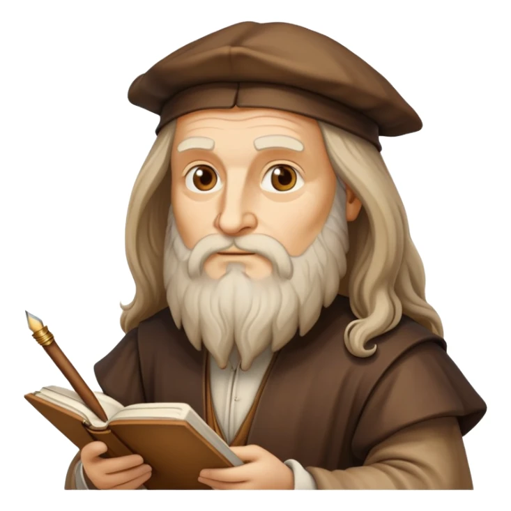 cinematic-realistic-leonardo-da-vinci-portrait-emoji,-depicted-as-the-quintessential-renaissance-polymath-with-deep,-thoughtful-eyes,-a-flowing-beard,-and-a-quill-or-sketchbook-in-hand.-the-scene-is-illuminated-with-warm,-classical-light sticker