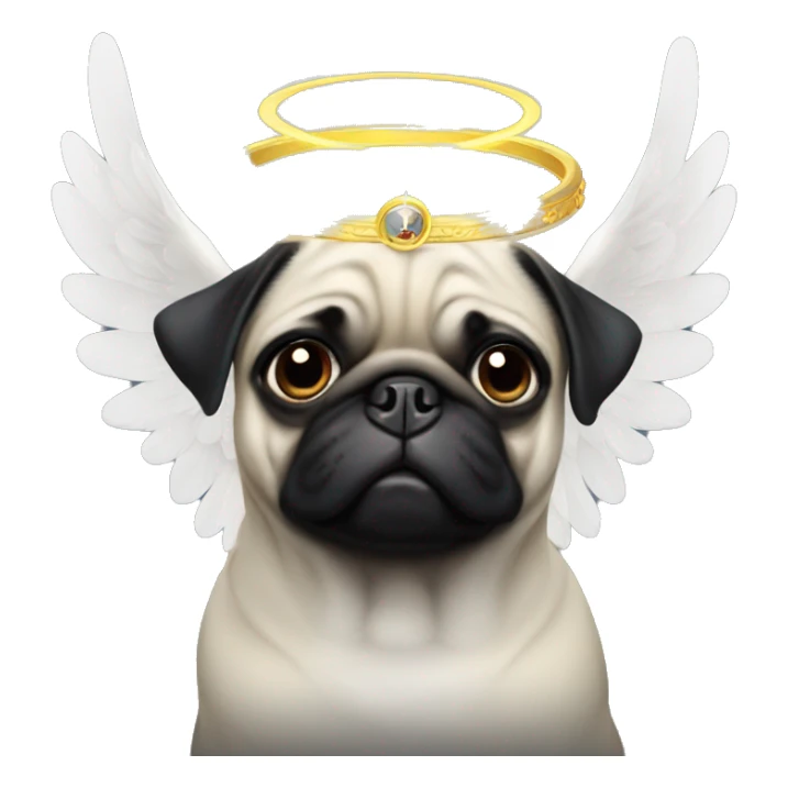 Black pug with a halo  and white wings behind him  sticker