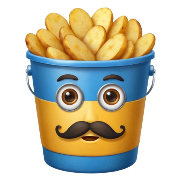 fried potatoes with eyes and mustache, in a blue carton bucket sticker