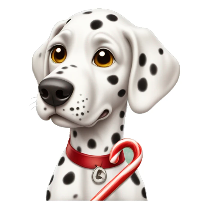 A Dalmatian with brown spots holds a caramel Christmas candy cane in his teeth sticker