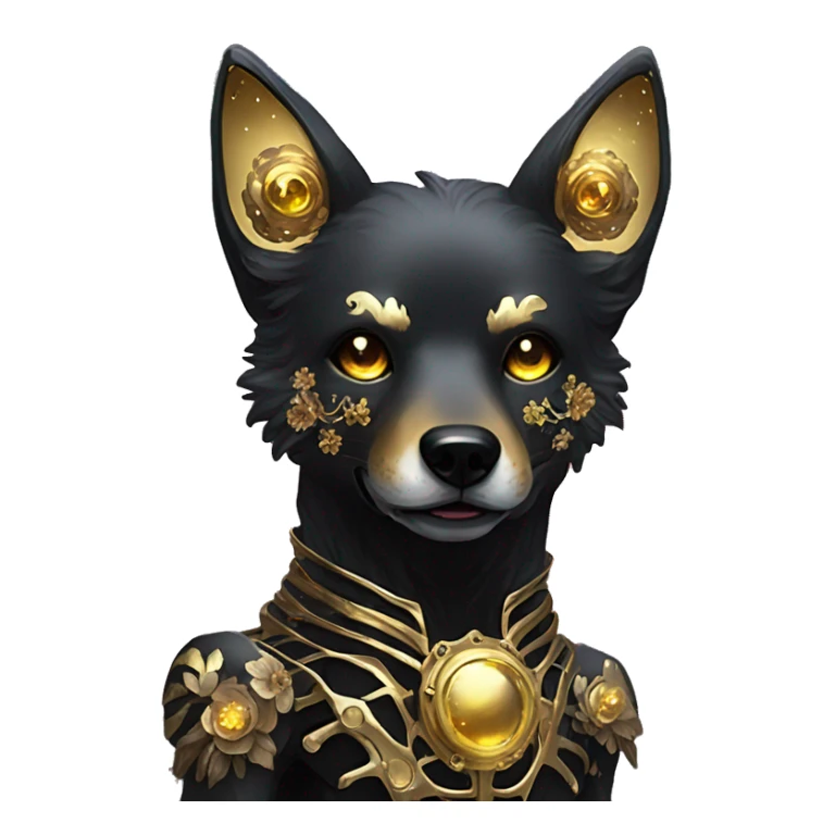 Black iridescent dog fox face head zombie skeleton gold mechanical nebula galaxy stars flowers fairy lights vintage sticker
