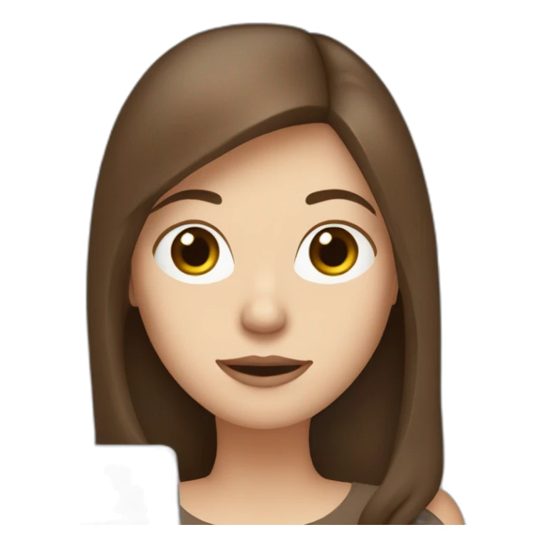 woman with pale skin and long brown hair behind a computer wearing a coffeecuphat sticker