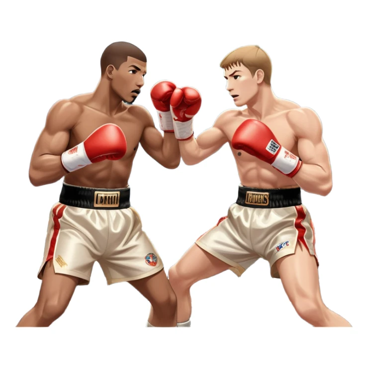 Two professional boxers in the ring, fighting for the world champion title. One delivers a long punch to the head, while the other skillfully dodges. The background features a crowded arena with bright lights and intense action. Transparent background sticker