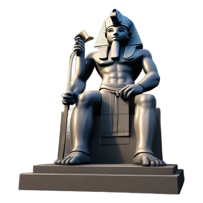 Osiris crook and flail obsidian statue on granite 30 ton brick, massive size, sunlight behind, sunset colors, reflections on black stone polished clean perfect, photography angles sticker