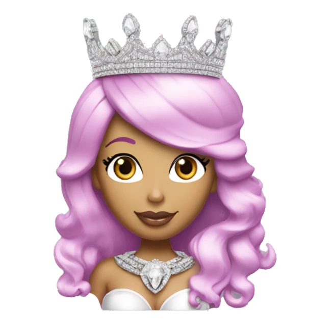 Nicki Minaj with a crown on and a diamond chain that says “queen”. Her crown is sparkly and silver tiara sticker
