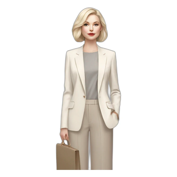 pale skin woman with ash blonde Straightened bob Hair, White Spacious classical jacket, beige palazzo Arrow pants and gray blouse holding RAL colour palette in the hands sticker