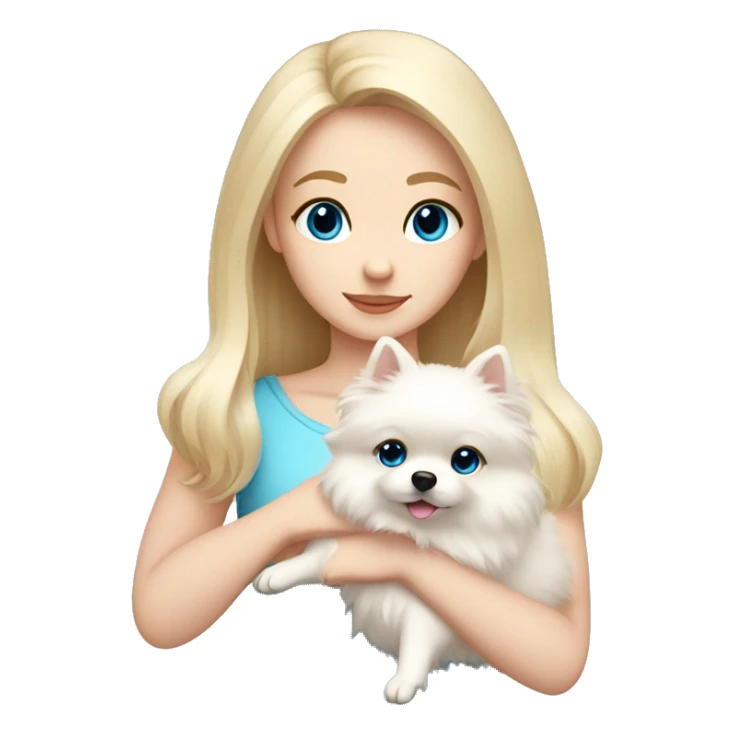 Blond girl white skin blue eyes hugging white Pomeranian with light pink bow sticker