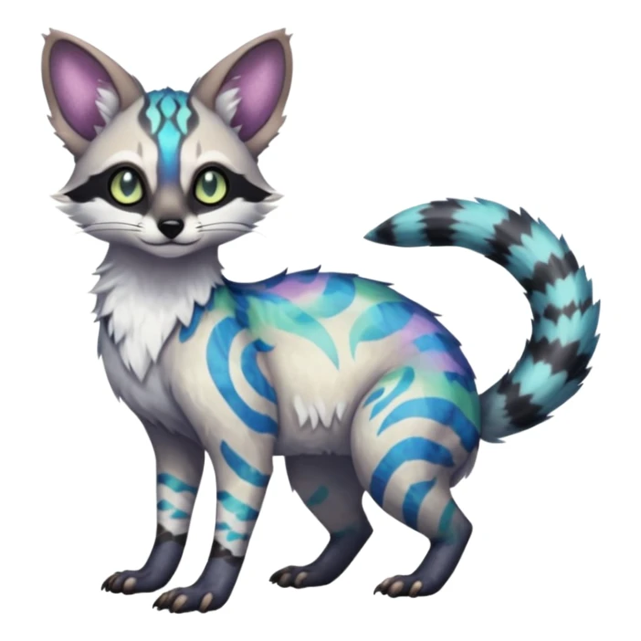 Rare iridescent white beautiful pretty realistic exotic epic aesthetic colorful Trico-Genet-species-Fakemon-hybrid-creature, with intricate tattoo markings, full body sticker