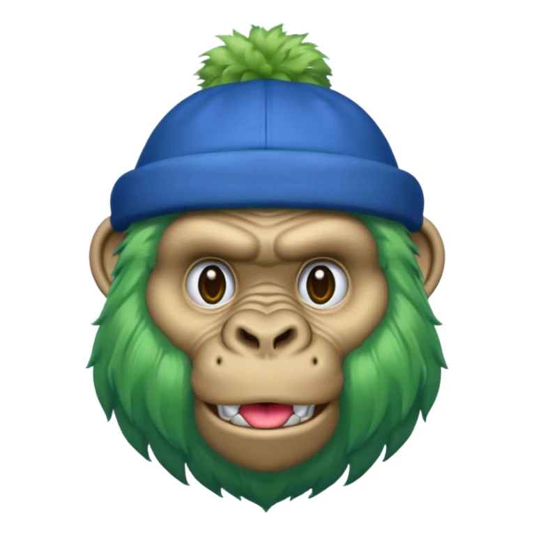 green haired gorilla head with blue hat, apple style emoji, no text sticker