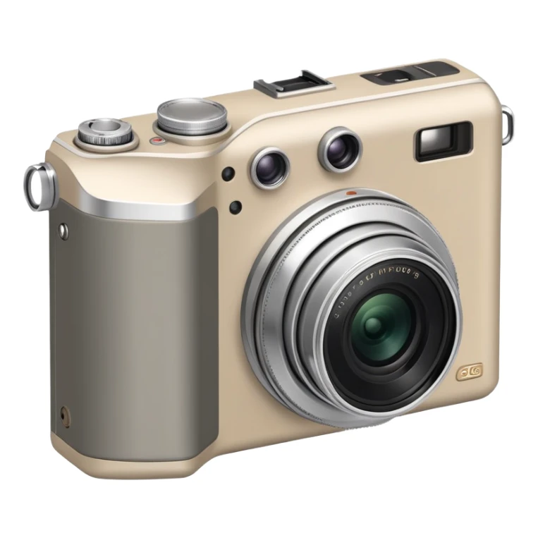Minimalist Olympus Superzoom 70G camera from side angle, grayish-beige color, simplified profile showing characteristic silhouette with very few details sticker